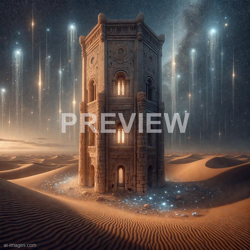The image depicts a tall, ancient-looking stone tower with intricate carvings and arched windows, standing prominently in the middle of a vast desert with rolling sand dunes. The sky above is filled with a multitude of stars, some forming streaks of light as if meteors are passing through, and the Milky Way galaxy is visible in the background, creating a mystical and otherworldly atmosphere. The ground around the tower is illuminated with tiny glowing particles, enhancing the surreal, celestial vibe of the scene.